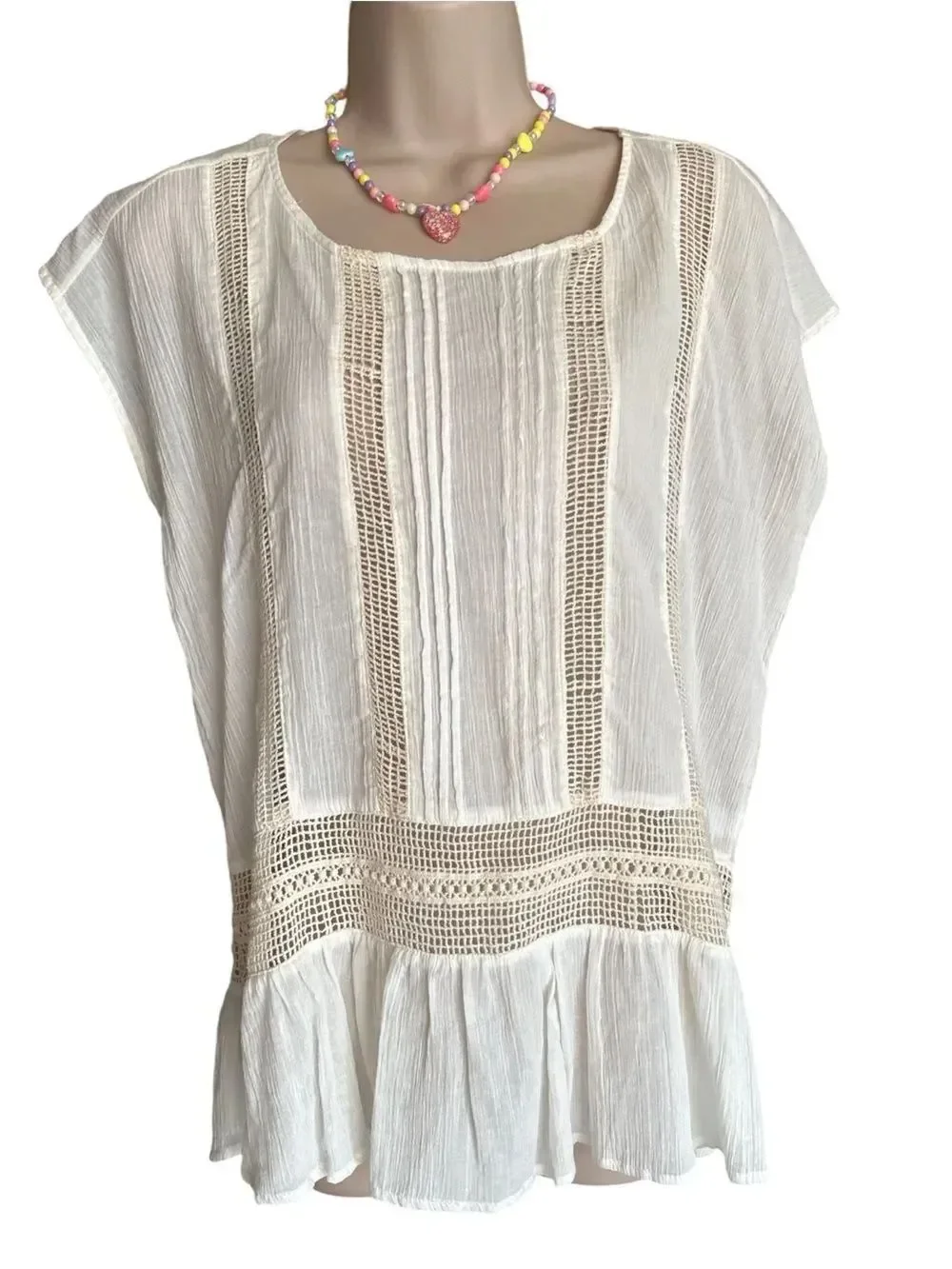Cream Crochet-Panel Peasant Tunic Top 100% Cotton baby girl Ruffle hem
